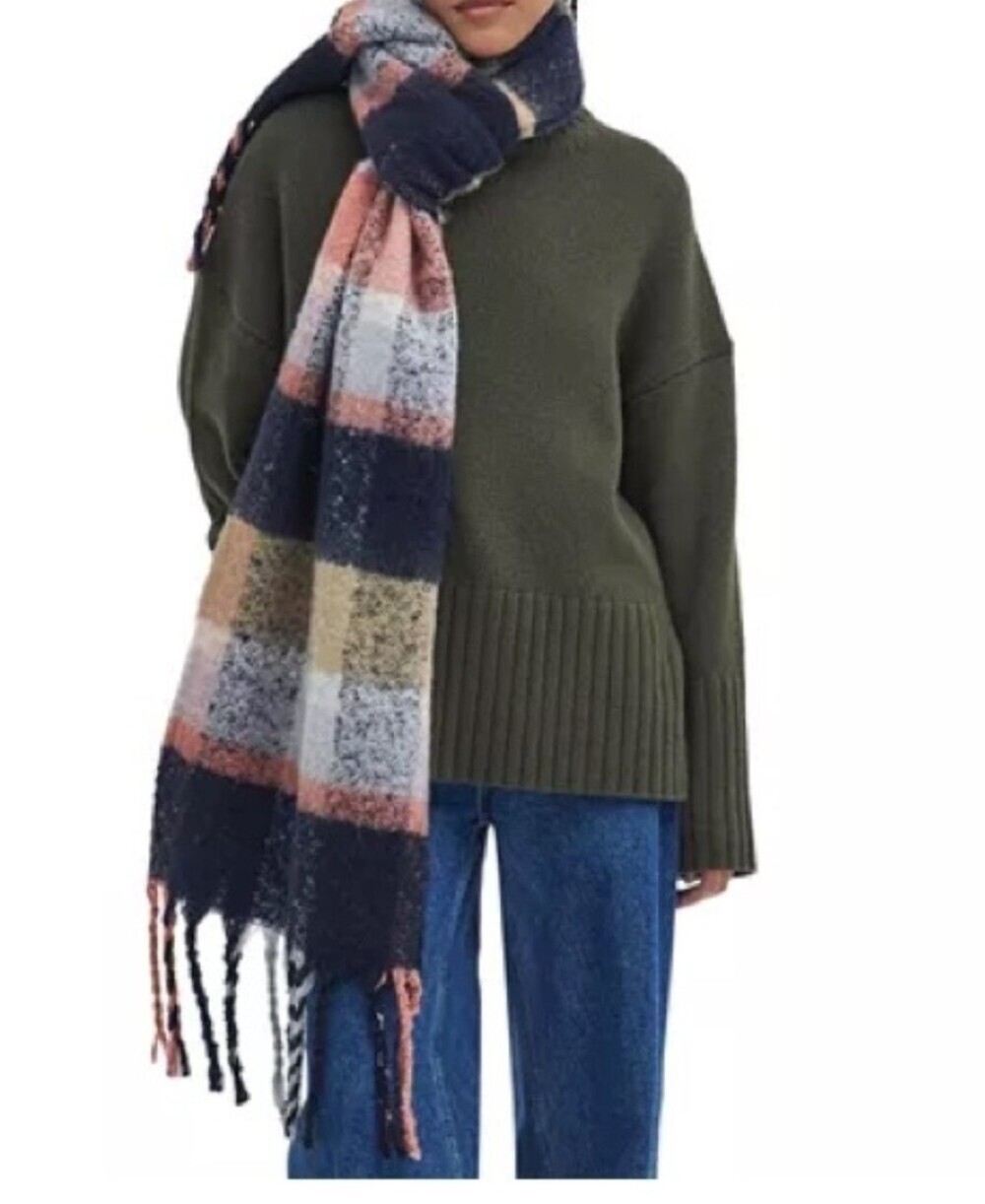nwt Barbour Rawsom Check Scarf Navy Pink Rust OS